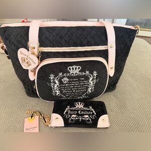 Juicy Couture Black Quilted Tote with Pink Trim and and Wallet